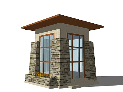 Small Modern Structure With Brown Roof Stone Walls Large Glass Windows And Small Flower Bed 3d model