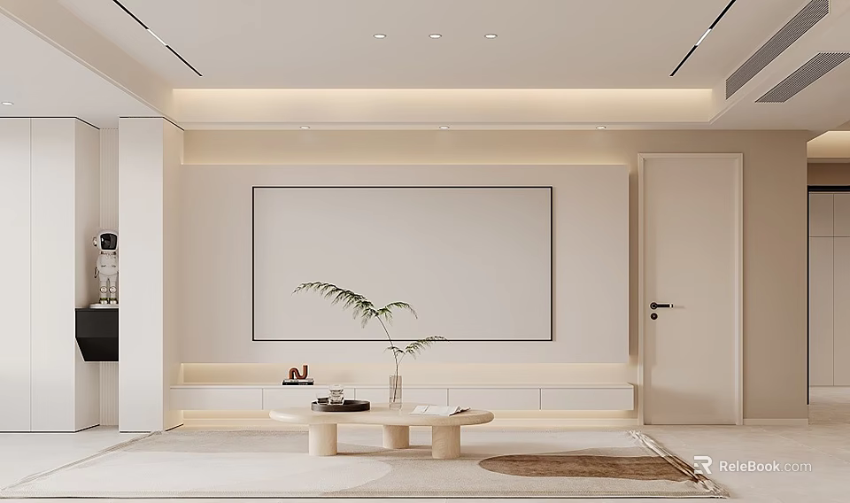 Modern Living Room TV Wall Design With White Panel Platform And Decorative Plant 3d model 