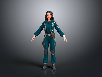 3D Female Character In Green Utility Overalls With Functional Pockets And Boots 3d model