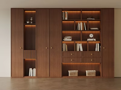 Modern Wooden Storage Cabinet With Shelves Books Decor Baskets And Lighting 3d model