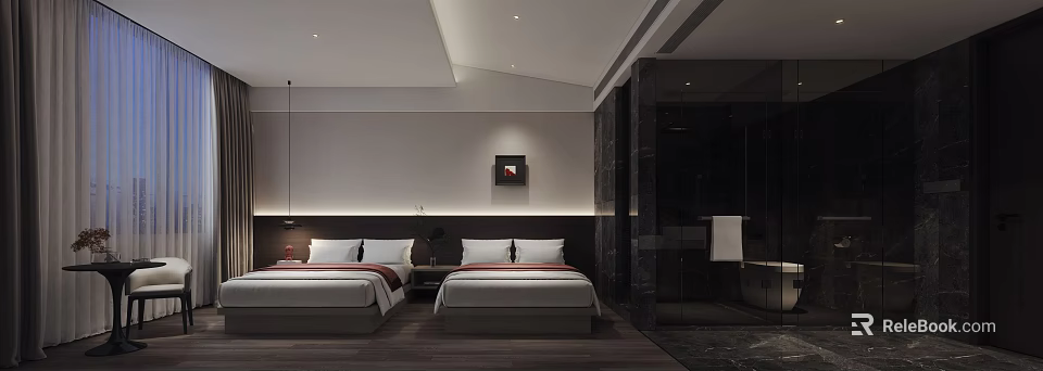 Modern Hotel Guest Room Featuring Twin Beds Nightstands And Decorative Painting 3d model 