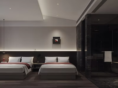 Modern Hotel Guest Room Featuring Twin Beds Nightstands And Decorative Painting 3d model