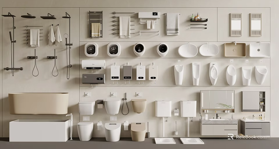 Modern Bathroom Fixtures Collection With Toilets Basins Towel Racks Mirrors And Storage Cabinets 3d model 