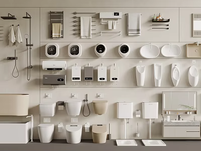 Modern Bathroom Fixtures Collection With Toilets Basins Towel Racks Mirrors And Storage Cabinets 3d model