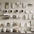 Modern Bathroom Fixtures Collection With Toilets Basins Towel Racks Mirrors And Storage Cabinets