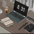 Open Laptop On Wooden Desk With Coffee Cup Open Notebook Watch And Phone