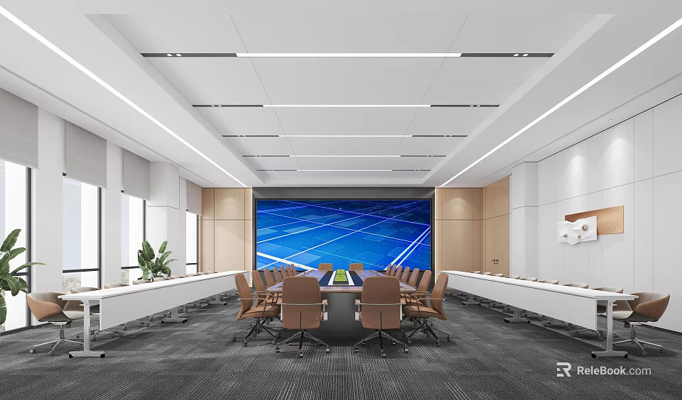 Modern Office Meeting Room Interior With Long Table Chairs Large Screen And Lighting 3d model 