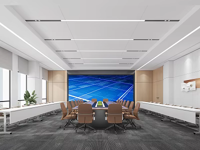 Modern Office Meeting Room Interior With Long Table Chairs Large Screen And Lighting 3d model