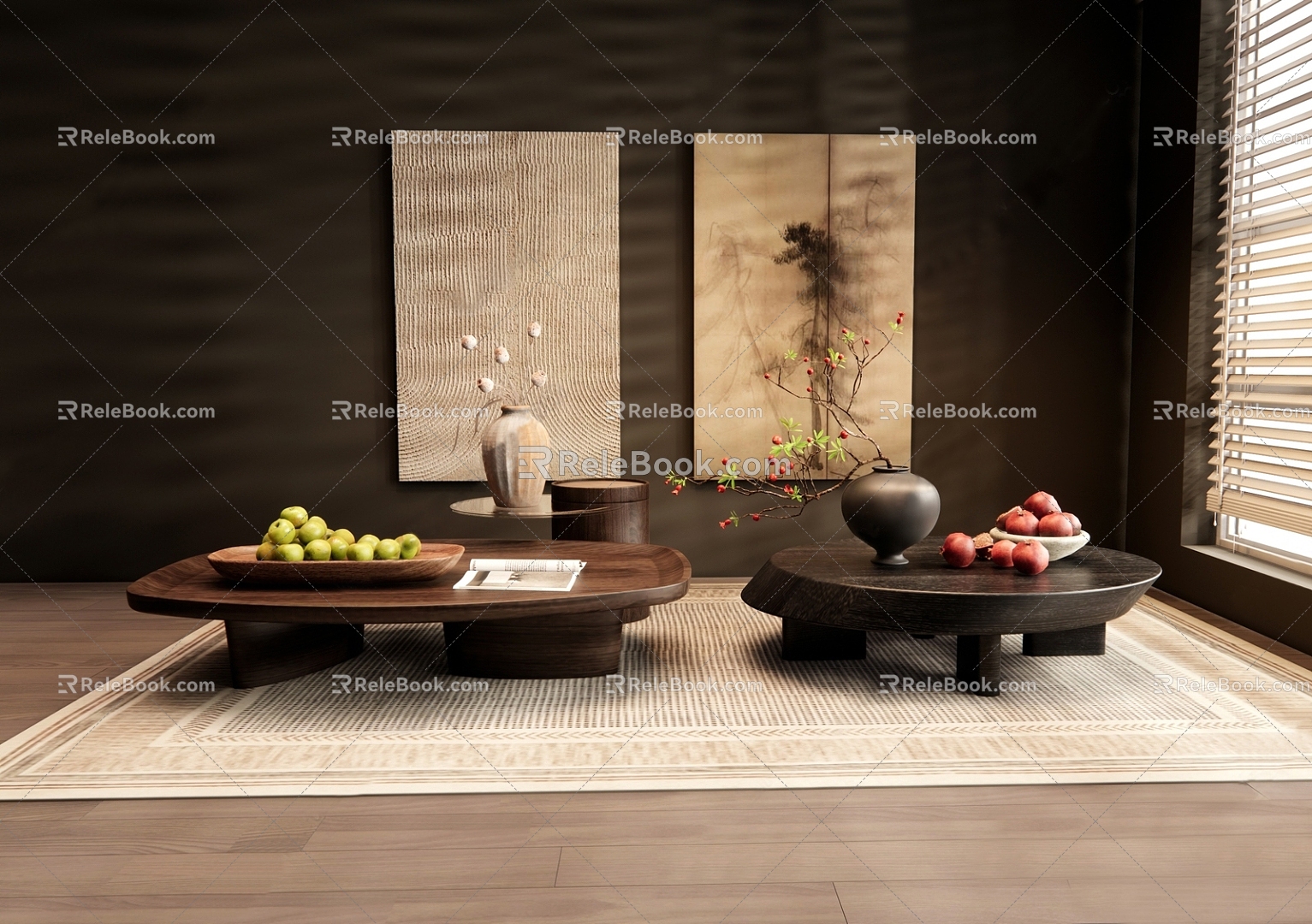 The scene of the green plant living room combined with the silent wind tea table 3d model