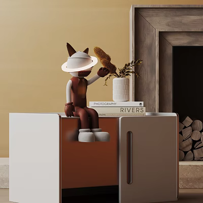 Modern Side Table With Stuffed Animal Figure Vase Dried Flowers And Books 3d model