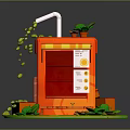 Colorful Orange Food Stand With Yellow Awning Green Plants And Coffee Beans