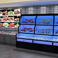 Restaurant Food Display Area With Fresh Seafood Refrigerated Cases And Various Dishes On Screens