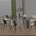 Modern Minimalist Dining Table Set With Marble Top White Chairs And Olive Branch Plant