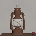 Vintage Brown Kerosene Lamp With Glass Panel On Wooden Table And Red Fruits
