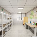 School Science Classroom With Bright Lights Wooden Tables Blue Chairs Shelves And Decorative Wall Art
