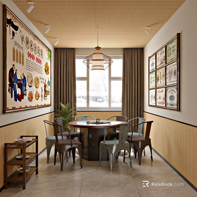 Private Dining Room Interior With Wooden Ceiling Pendant Light And Decorative Paintings 3d model