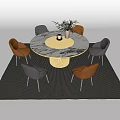 Modern Round Marble Dining Table with Gold Base and Multi Colored Chairs on Dark Carpet 3d model