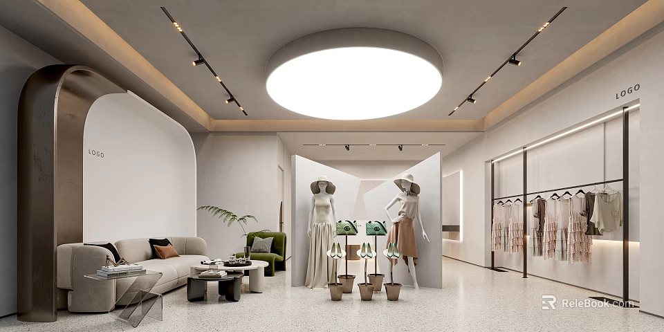 Modern Clothing Store Interior Design With Mannequins Sofa Plants And Clothing Racks 3d model 