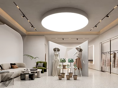Modern Clothing Store Interior Design With Mannequins Sofa Plants And Clothing Racks 3d model