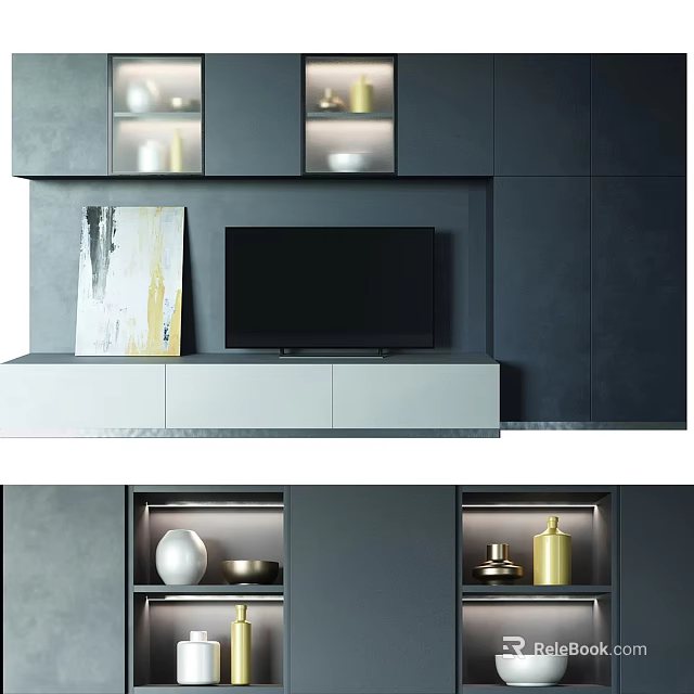 Modern TV Wall Design With Gray Cabinetry TV Illuminated Shelves And Artwork 3d model 