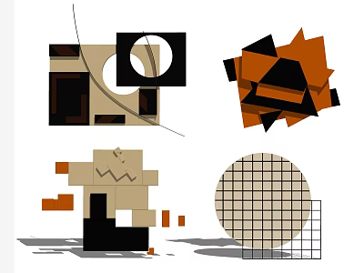 Abstract Geometric Wall Decor With Black Orange Beige Shapes And Grid Design 3d model