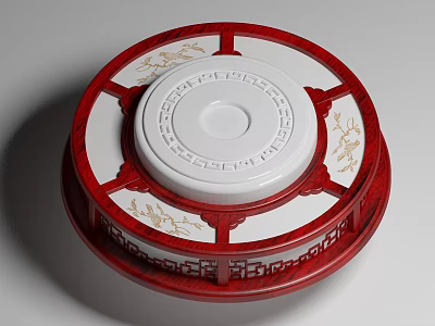 Red and White Circular Traditional Ceiling Lamp With Crane Motifs And Fretwork Design 3d model