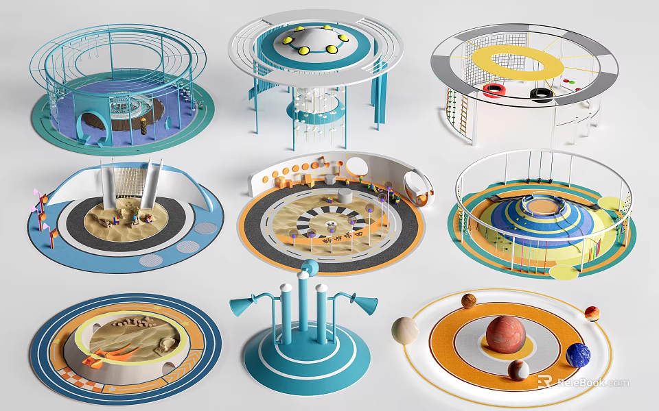 Children's Play Area With Colorful Circular Structures Slides Climbing Nets And Interactive Zones 3d model 