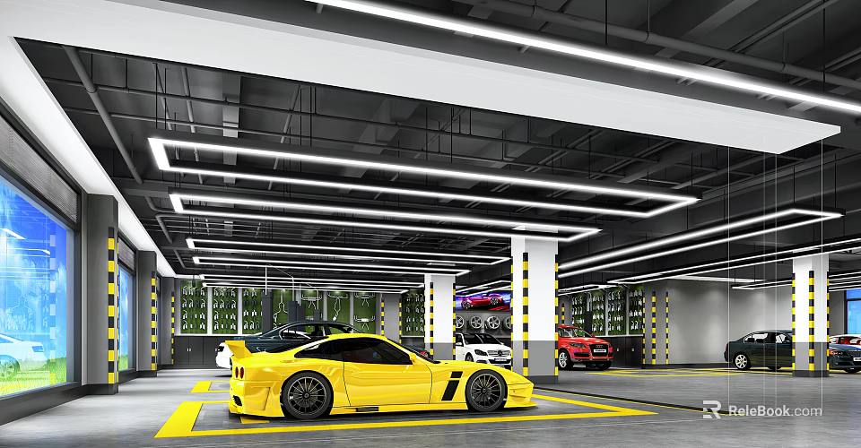 4S Auto Dealership Showroom With Yellow Sports Car White Red Vehicles And LED Ceiling Lights 3d model 