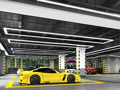 4S Auto Dealership Showroom With Yellow Sports Car White Red Vehicles And LED Ceiling Lights 3d model