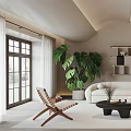 Modern Living Room Interior With White Sofa Wooden Chairs Large Plant Bookshelf And Coffee Table