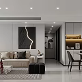 Modern Open Living And Dining Room With Beige Sofa Dining Table And Decorative Painting
