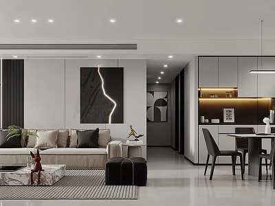 Modern Open Living And Dining Room With Beige Sofa Dining Table And Decorative Painting 3d model