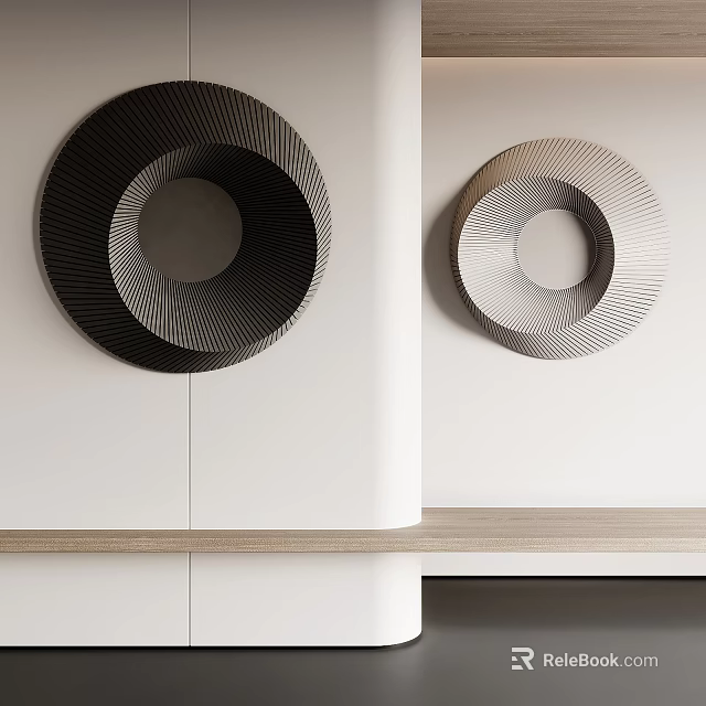 Modern Circular Wall Decorations with Spiral Patterns in Black and Light Tones on White Wall 3d model 