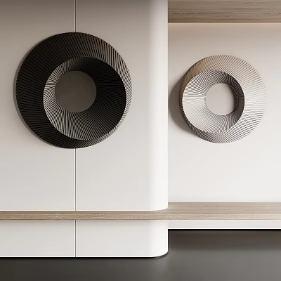 Modern Circular Wall Decorations with Spiral Patterns in Black and Light Tones on White Wall 3d model