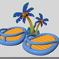 Colorful Inflatable Pool Loungers With Blue Orange Design And Palm Trees