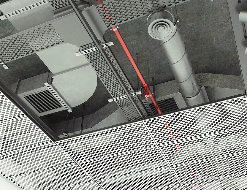 Industrial Ceiling Design With Perforated Metal Mesh Panels And Exposed Structural Pipes 3d model 