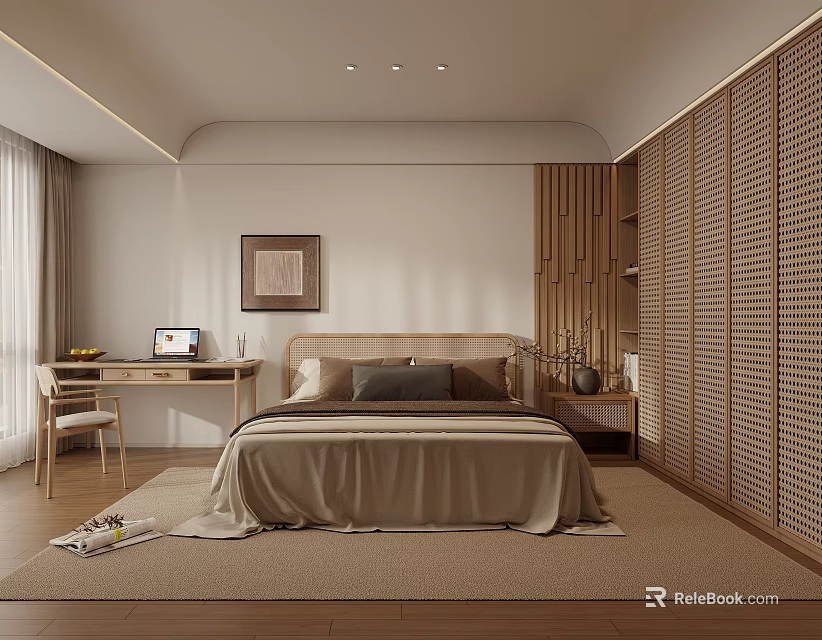 Minimalist Modern Bedroom Interior With Wooden Bed Woven Partition And Decorative Painting 3d model 