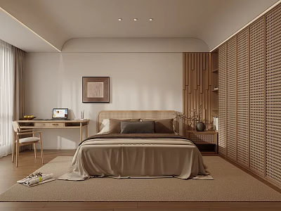 Minimalist Modern Bedroom Interior With Wooden Bed Woven Partition And Decorative Painting 3d model