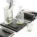 Decorative Accessories Set With Twig Glass Vase Black Watch Open Magazines Notebook And Glass Cup