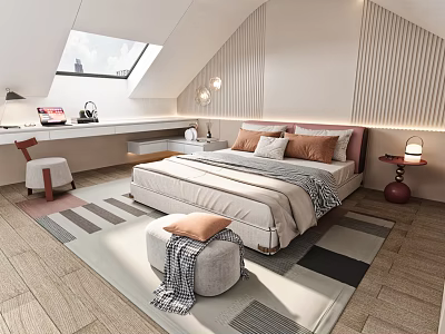 Children's Attic Room with Sloped Ceiling Skylight Desk Bed Rug Pillows Stool and Table Lamp 3d model