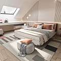 Children's Attic Room with Sloped Ceiling Skylight Desk Bed Rug Pillows Stool and Table Lamp