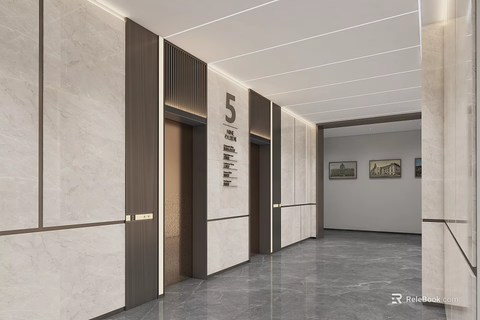 Elevator Lobby With Marble Walls Elevator Doors Floor 5 Sign And Modern Ceiling Lighting Design 3d model 