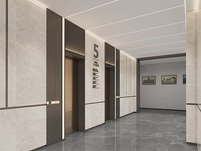 Elevator Lobby With Marble Walls Elevator Doors Floor 5 Sign And Modern Ceiling Lighting Design 3d model