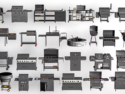 Public Outdoor BBQ Facilities With Various Grills Portable Cooking Stations Fire Pits And Carts 3d model