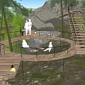 Scenic Park Landscape With Circular Wooden Walkway Trees Seating And Lush Greenery