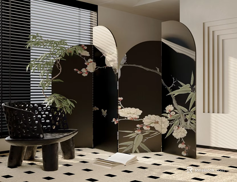 Decorative Room Screen With Floral And Bamboo Patterns In Modern Interior 3d model 
