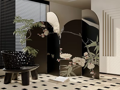 Decorative Room Screen With Floral And Bamboo Patterns In Modern Interior 3d model