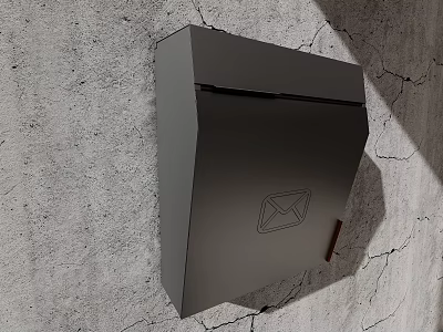 Public Wall Mounted Gray Mailbox With Envelope Logo Secure Lock On Concrete Cracked Wall 3d model