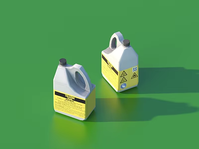 White Plastic Cleaning Containers With Yellow Warning Labels On Green Surface 3d model