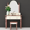 Classic Dressing Table with Arched Mirror Drawers Stool and Green Plant Vase